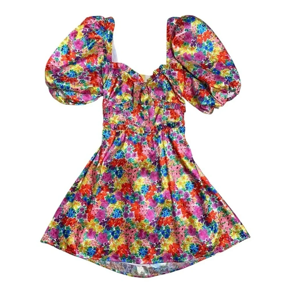 For Love & Lemons Vibrant Floral Merrill Puff Sleeve Mini Dress Womens L